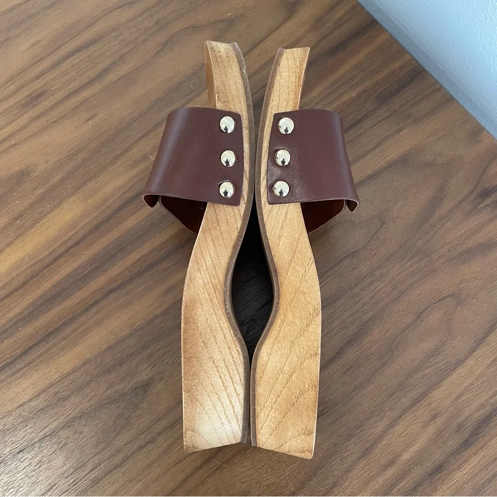 Zara flat leather sandals with wood effect soles cognac brown leather upper - Picture 9 of 11